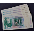 50 kr. 1995  * Kv. 0  * Nr. rekkeflge *Katv. kt. 210* - Bilder er sedlene. Pris Kjp N er en(1) seddel. Ved kjp av flere er de i nr. rekkeflge. IKKE SALR. Kun 1 igjen. De andre er solgt. / Tore Rimstad: NOK  100,-