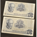 10 kr. 1977  A Z * Kv. 0 * Katv. kr. 80 - Bilder er sedlene.  Pene usirkulerte. Pris KJP N er en (1) sedell. Du velger antall. IKKE SALR. / Tore Rimstad: NOK  35,-