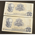 10 kr. 1977 A * Kv. 0  Nr rekkeflge. Katv. kr. 80 - Bilder er sedlene.  Pene usirkulerte. Pris KJP N er en (1) sedell. Du velger antall. IKKE SALR. / Tore Rimstad: NOK  35,-
