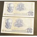 10 kr. 1974  AV * Nr. rekkef* Kv. 0/01*katv. kr 115. - Bilder er sedlene. Usirkulert Kv.0/01. Vurder ogs fra bilder. Pris KJP N er en (1) sddel. Ved kjp av flere er de i nr. rekkeflge. Du velger antall. IKKE SALR. / Tore Rimstad: NOK  50,-