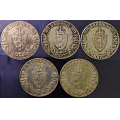 -20- Lott 5 stk. 2 kroner 1914 jub, VK - NM11. Kv. 1/1+, loddespor, 1/1+, 1, 1/1+, fingermerke og 1/1+, toning / Numisma Mynthandel A/S: kr.  800,-