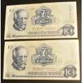 10 kr. 1975 A Z * Kv. 0/01 Nr. rekkef. Katv. kr. 105 - Bilder er sedlene. Pene usirkulert i kv. 0/01. Pris KJP N er 1 (en) sedell. Du velger antall. IKKE SALR. / Tore Rimstad: kr.  60,-