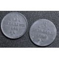 3 skilling 1868 1869(*) Begge kv. 1+ *Katv. kr.700 - Bilder er myntene. Vurder ogs fra bilder. / Tore Rimstad: kr.  1,-