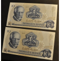 10 kr. 1977 AE* Kv. 0-  Nr rekkeflge. Katv. kr. 72 - Bilder er sedlene. Vurder ogs fra bilder. Pris KJP N er 1 (en) sedell. Du velger antall. IKKE SALR. / Tore Rimstad: NOK  35,-