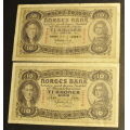 10 kr. 1943 D og 1944 D  * VK - Bilder er sedlene du får. Vurder fra bilder.1943 D i kv. 1- og 1944 E i kv. 1/1+. Esitmert verdi ca kr. kr. 750,- / Tore Rimstad: kr.  25,-