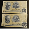 10 kr. 1978 Litra BA og BB. Usirk. ca kv.01 - Bilder er sedlene du fr. Vurder fra bilder. Estimert verdi ca. kr.230 / Tore Rimstad: kr.  20,-