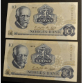 10 kr. 1978 Litra BC og BD Kv. 0/01 og 01 - Bilder er sedlene du fr. Vurder fra bilder. Estimert verdi ca. kr.270 * / Tore Rimstad: kr.  20,-