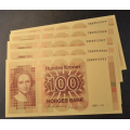 100 kr. 1991 * Kv. 0 * Nr. rekkef. Katv. kr. 390 ** - Bilder er sedlene. Pene sedler i kv. 0. Katv. kr. 390,- * Vurder fra bilder. Pris KJP N er en(1) seddel. Ved kjp av flere er de i nr. rekkeflge. Du velger antall. IKKE SALR. / Tore Rimstad: kr.  200,-