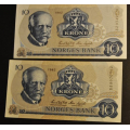10 kr. 1982 Litra BZ og B * Kv 0/01 og 01 - Bilder er sedlene du fr. Vurder fra bilder. Estimert verdi kr.160 ** / Tore Rimstad: kr.  20,-