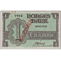 -1- 1 krone 1942, London, specimen,  kv. 0/01, bindersmerke - SS-seddel. #000000. Signatur: Jens Martin Nrve. Ex: Riibe Mynthandel, 01/11 / Numisma Mynthandel A/S: kr.  105,-