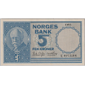 -23- 5 kroner 1956 Z, erstatning, kv. 0- - RR (RRR)-seddel. Z.0073298. Signatur: Erik Brofoss/Erik Thorpex Numisma Mynthandel 07/13 / Numisma Mynthandel A/S: kr.  18900,-