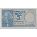 -24- 5 kroner 1959 Z, erstatning, kv. 01+ - R (RR)-seddel. Z.0128860. Signatur: Erik Brofoss/Jacob Ottesenex Riibe Mynthandel 05/11 / Numisma Mynthandel A/S: kr.  10500,-