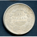 -12- Bolivia 1 Boliviano 1871 ER,  kv. 1+ - Uvanlig svakt preg. KM155.3 / Numisma Mynthandel A/S: NOK  250,-