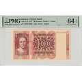 -36- 100 kroner 1977 AP, kv. 64 - Pick#41a. PMG-slabb. Choice Unc-Exceptional Paper Quality / Numisma Mynthandel A/S: kr.  1,-