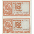 -1- Lott 2 stk. 10 kroner 1964 A&B, VK - 1964A, kv. 1+/01, 1964B, kv. 1, hull. / Numisma Mynthandel A/S: kr.  3,-