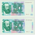 -16- Lott 2 stk. 50 kroner 1995-VI, kv. 1+/01 og 01 / Numisma Mynthandel A/S: kr.  1,-