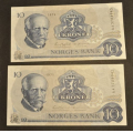 10 kr. 1975 Litra AA  Nr. rekkef.* Kv.0. Katv. kr. 130 * - Bilder er sedlene. Pene i kv.0. 
Pris KJ�P N� er en (1) sedell. Ved kj�p av flere er de i nr. rekkef�lge. IKKE SAL�R. Kun 1 igjen. De andre er solgt. / Tore Rimstad: kr.  70,-