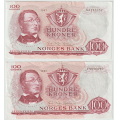 -27- Lott 100 kroner 1966F & 1967G, kv. 1/1- og 1 / Numisma Mynthandel A/S: NOK  1,-