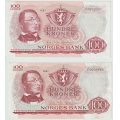 -28- Lott 100 kroner 1967G(x2), kv. 1/1+ / Numisma Mynthandel A/S: NOK  1,-