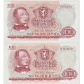 -30- Lott 100 kroner 1968H & 1973W, kv. 1+/01 / Numisma Mynthandel A/S: NOK  1,-