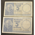 5 kr. 1962 K og 1963 L * Kv. 1+ og 1 * Katv. kr.380 - Bilder er sedlene du f�r. Hele og helt OK sedler. Vurder ogs� fra bilder. IKKE SAL�R. / Tore Rimstad: kr.  90,-
