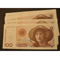 100 kr. 1997 * Kv. 0 * Nr. rekkef�lge. *Katv. kr.320* - Bilder er sedlene. Kv.0. Pris KJ�P N� er en (1) sedell. Ved kj�p av flere er de i nr. rekkef�lge. Du velger antall. IKKE SAL�R. / Tore Rimstad: NOK  220,-