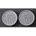 25 �re 1957 p� og uten plate. Begge ca kv.01. - Bilder er myntene du f�r. Vurder ogs� fra bilder. Estimert verdi kr. 500 / Tore Rimstad: NOK  100,-