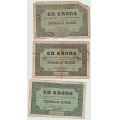 -1- Lott 3 stk 1 kroner 1917B,E&F, VK - 1917B, kv. 2, rifter, manglende hj�rne.
1917E, kv. 1-/2, flekker, hull.
1917F, kv. 1-
Sign: Cederholm. / Numisma Mynthandel A/S: NOK  1,-