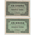-23- Lott 2 stk 1 kroner 1917B&D, VK - 1917B, kv. 1-, sm� rifter p� kortsidene.
1917D, kv. 1-, smuss.
Sign: Cederholm. / Numisma Mynthandel A/S: NOK  1,-