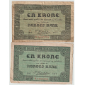 -24- Lott 2 stk 1 kroner 1917E&F, VK - 1917E, kv. 1-, rifter, n�lehull.
1917F, kv. 1/1+.
Sign: Cederholm. / Numisma Mynthandel A/S: NOK  1,-