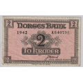 -30- 2 kroner 1942 A, London, kv. 1-. - Sm� hakk nede. Sign: J. N�rve / Numisma Mynthandel A/S: NOK  350,-