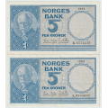-1- Lott 2 stk. 5 kroner 1963K&L, VK - 1963K, kv. 1
1963L, kv. 1/1-
Signatur: Brufoss/Ottesen. / Numisma Mynthandel A/S: kr.  1,-