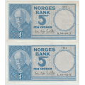 -2- Lott 2 stk. 5 kroner 1963K&L, VK - 1963K, kv. 1/1-, rift. Rester etter monteringslim og en liten papirbit i nedre h�yre hj�rne bak.
1963L, kv. god 1
Signatur: Brufoss/Ottesen. / Numisma Mynthandel A/S: kr.  1,-