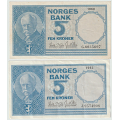 -3- Lott 2 stk. 5 kroner 1960G&1962J, VK - 1960G, kv. 1/1-, stiftehull.
1962J, kv. 1/1-
Signatur: Brufoss/Ottesen. / Numisma Mynthandel A/S: kr.  1,-