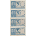 -6- Lott 4 stk. 5 kroner 1955A,B,C&1957E, VK - 1955A ,kv. 1+
1955B, kv. 1
1955C, kv. 1-, presset
1957F, kv. 1
Signatur: Brufoss/Thorp / Numisma Mynthandel A/S: NOK  1,-