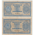 -9- Lott 2 stk. 5 kroner 1951G&1953K, VK - 1951G ,kv. 1-.
1953K, kv. 1--.
Signatur: Thorp / Numisma Mynthandel A/S: NOK  1,-