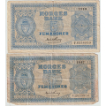 -10- Lott 2 stk. 5 kroner 1947C&1950F, VK - 1947C ,kv. 1-/2, stor papirfortynning revers, sm�rifter, brettehull.
1950F, kv. 1-, bretterifter og brettehull.
Signatur: Thorp / Numisma Mynthandel A/S: NOK  1,-