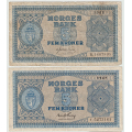 -11- Lott 2 stk. 5 kroner 1945B&1947C, VK - 1945B, kv. 1-, sm�rifter, brettehull, smuss.
Signatur: Meldahl/Nielsen
1947C ,kv. 1/1+, presset.
Signatur: Thorp / Numisma Mynthandel A/S: NOK  1,-