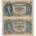 -12- Lott 2 stk. 5 kroner 1940S&1944W, VK - 1940S, kv. 1/1-, flekk.
1944W ,kv. 1-/2, rifter, hj�rnemangel, SS-seddel.
Signatur: Meldahl, Nielsen / Numisma Mynthandel A/S: NOK  306,-