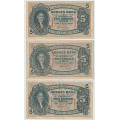 -15- Lott 3 stk. 5 kroner 1942-1944, VK - 1942U, kv. 1-, sm� fl.
1942V ,kv. 1-, bretterifter
1944V, kv. 1/1-
Signatur: Meldahl, Nielsen / Numisma Mynthandel A/S: NOK  1,-