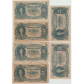 -18- Lott 6 stk. 5 kroner 1939-1943, VK - 1939R, kv. 1-/2, bretterift, hakk.
1940S, kv. 1-, bretterifter + rift oppe
1940T, kv. 2, graffiti 
1941T, kv. 1-
1942U, kv. 1-, bretterift nede
1943V, kv. 1/1-
Signatur: Meldahl, Nielsen / Numisma Mynthandel A/S: NOK  1,-