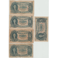 -19- Lott 5 stk. 5 kroner 1939-1943, VK - 1939R, kv. 1-/2, rifter, hull, kantskade.
1940S, kv. 1-/2, bretterift, n�lehull. 
1941T, kv. 1-
1942U, kv. 1-/2,  rifter, ferdigbrettet.
1943V, kv. 1-
Signatur: Meldahl, Nielsen / Numisma Mynthandel A/S: kr.  1,-