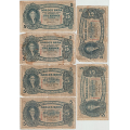 -20- Lott 6 stk. 5 kroner 1940S-1943V, VK - 1940S, kv. 1-,  stor rift oppe. papirskade h�yre hj�rne oppe.
1941T (2x), kv. 1-/2, rifter, hull, fl.
1942U, kv. 1-/2, 2 cm rift oppe, rifter, hull.
1943V, kv. 1-, rift nede, n�lehull.
Signatur: Meldahl, Nielsen / Numisma Mynthandel A/S: NOK  1,-