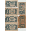 -21- Lott 6 stk. 5 kroner 1943V, VK - 6x1943V, kv. 2 til 1-, mye rifter, brettehull p� de fleste.
By etter bildet.
Signatur: Meldahl, Nielsen / Numisma Mynthandel A/S: NOK  1,-