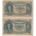 -22- Lott 2 stk. 5 kroner 1937O&1939R, VK - 1937 O, kv. 1-/2, brettehull, rift oppe.
1939 R, kv. 1/1-.
Signatur: Meldahl, Nielsen / Numisma Mynthandel A/S: NOK  1,-