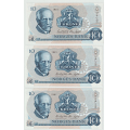-11- Lott 3 stk. 10 kroner 1981B, rekkef�lge, kv. 01 - BD 7402431-33 / Numisma Mynthandel A/S: kr.  6,-