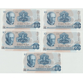 -13- Lott 5 stk. 10 kroner 1979B, rekkef�lge, kv. 01-0/01 - BD 3597648-49 og B� 3757184-86 / Numisma Mynthandel A/S: kr.  6,-
