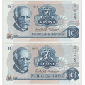 -18- Lott 2 stk. 10 kroner 1975AM, rekkef�lge, kv. 01+ - AM 4878480-81 / Numisma Mynthandel A/S: kr.  3,-