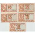 -2- Lott 5 stk. 10 kroner 1956-1958, VK - 1956H, kv. 1/1-
1957I, kv. 1-, graffiti, smuss
1957J, kv. 1-
1957K, kv. 1-
1958L, kv. 1/1- / Numisma Mynthandel A/S: kr.  1,-