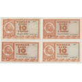 -4- Lott 4 stk. 10 kroner 1954-1955, VK - 1954B, kv. 1-, bretterift venstre kant
1954E, kv. 1+
1955E, kv. 1/1+
1955G, kv. 1/1+, liten bretterift oppe / Numisma Mynthandel A/S: kr.  1,-